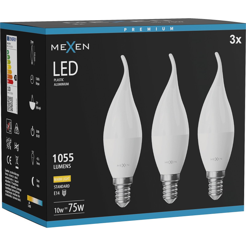 Mexen Nova 3x LED žiarovka plameň E14, C37, 10W, Teplá - 3000K, 1055 lm - L106-E14-1030-01x03