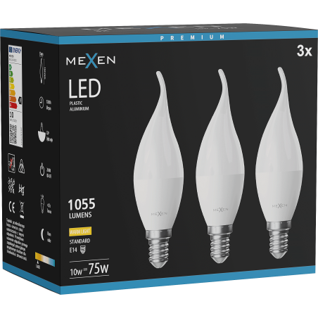 Mexen Nova 3x LED žiarovka plameň E14, C37, 10W, Teplá - 3000K, 1055 lm - L106-E14-1030-01x03