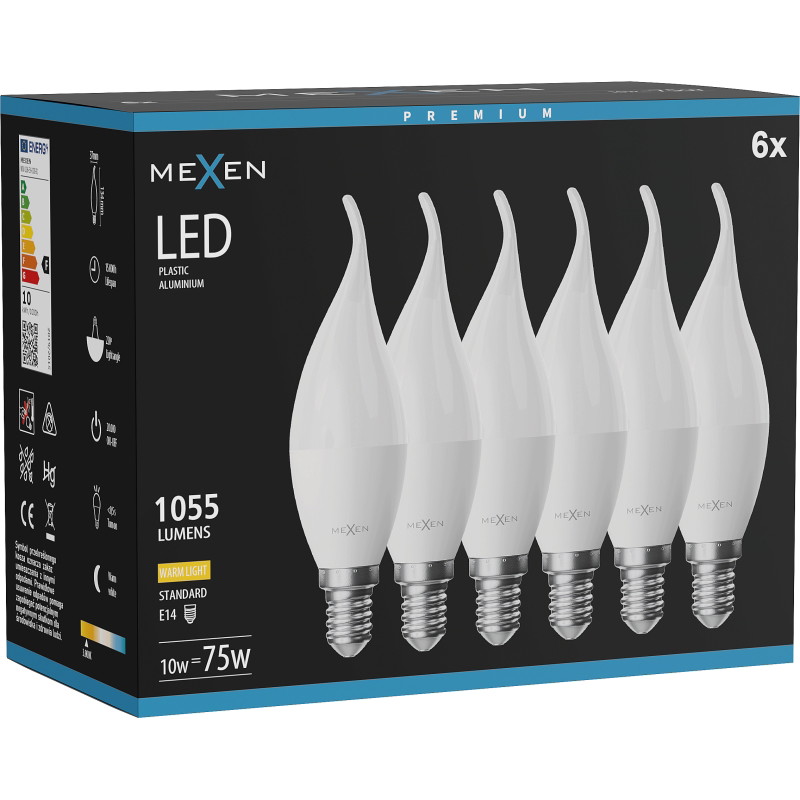 Mexen Nova 6x LED žiarovka plameň E14, C37, 10W, Teplá - 3000K, 1055 lm - L106-E14-1030-01x06