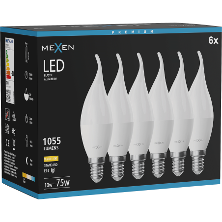 Mexen Nova 6x LED žiarovka plameň E14, C37, 10W, Teplá - 3000K, 1055 lm - L106-E14-1030-01x06