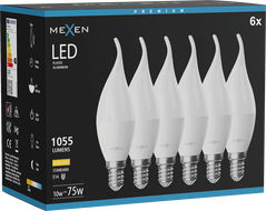 Mexen Nova 6x LED žiarovka plameň E14, C37, 10W, Teplá - 3000K, 1055 lm - L106-E14-1030-01x06
