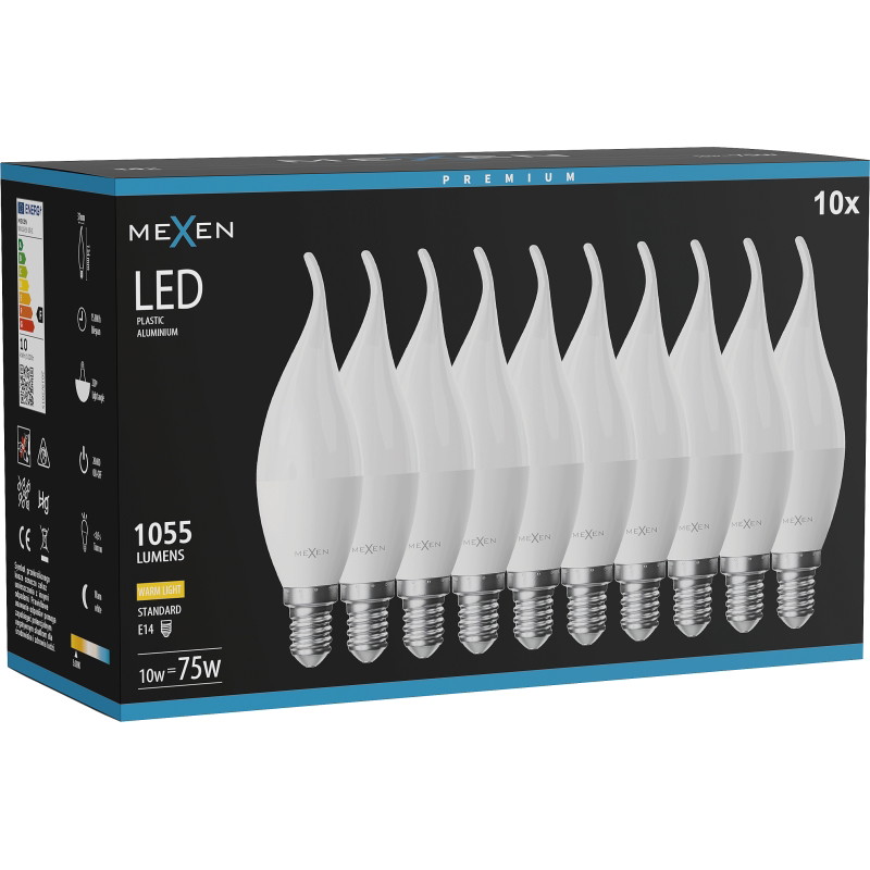 Mexen Nova 10x LED žiarovka plamienok E14, C37, 10W, Teplá - 3000K, 1055 lm - L106-E14-1030-01x10