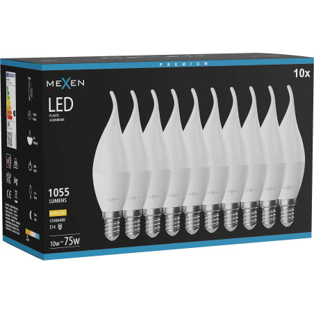 Mexen Nova 10x LED žiarovka plamienok E14, C37, 10W, Teplá - 3000K, 1055 lm - L106-E14-1030-01x10