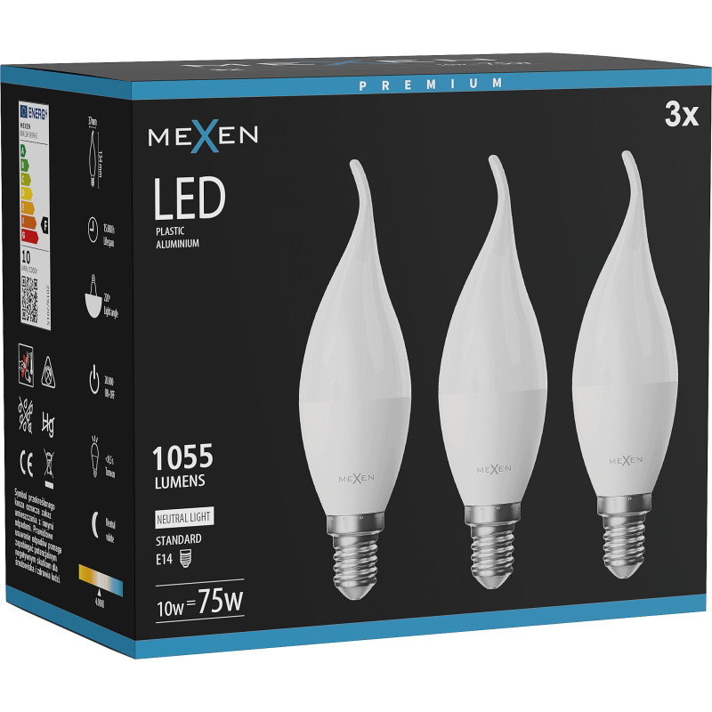 Mexen Nova 3x LED žiarovka plameň E14, C37, 10W, Neutrálna - 4000K, 1055 lm - L106-E14-1040-01x03