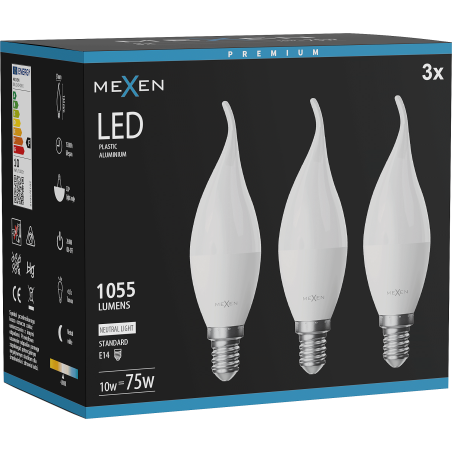 Mexen Nova 3x LED žiarovka plameň E14, C37, 10W, Neutrálna - 4000K, 1055 lm - L106-E14-1040-01x03