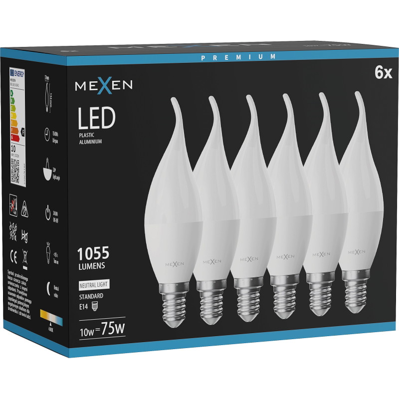 Mexen Nova 6x Žiarovka LED plameň E14, C37, 10W, Neutrálna - 4000K, 1055 lm - L106-E14-1040-01x06