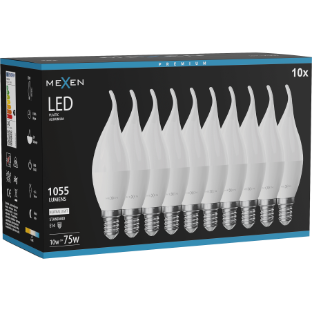 Mexen Nova 10x LED žiarovka plameň E14, C37, 10W, Neutrálna - 4000K, 1055 lm - L106-E14-1040-01x10