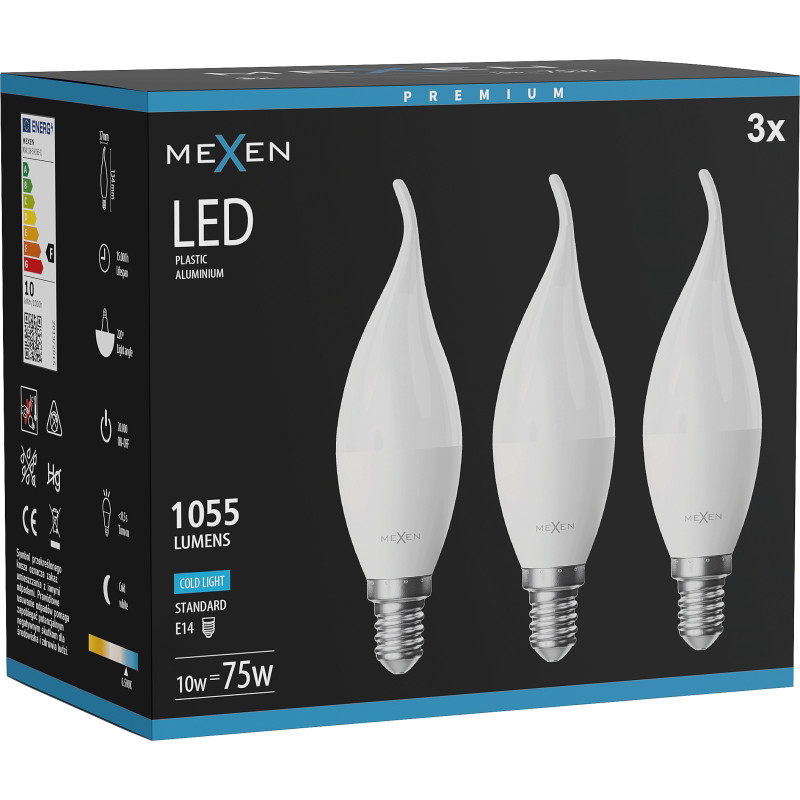Mexen Nova 3x LED žiarovka plamienok E14, C37, 10W, Studená - 6500K, 1055 lm - L106-E14-1065-01x03