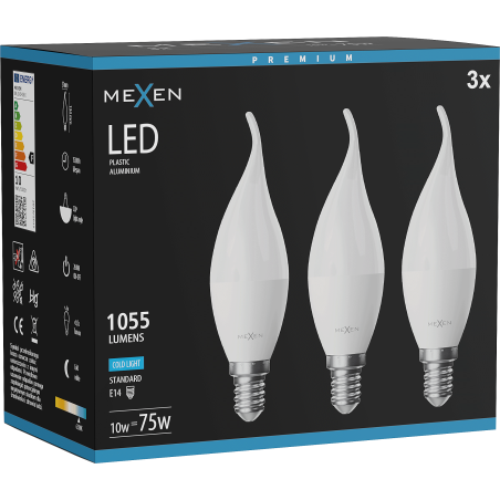 Mexen Nova 3x LED žiarovka plamienok E14, C37, 10W, Studená - 6500K, 1055 lm - L106-E14-1065-01x03