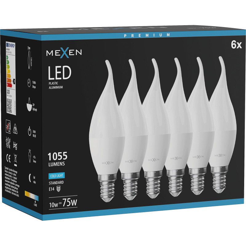 Mexen Nova 6x LED žiarovka plameň E14, C37, 10W, Studená - 6500K, 1055 lm - L106-E14-1065-01x06