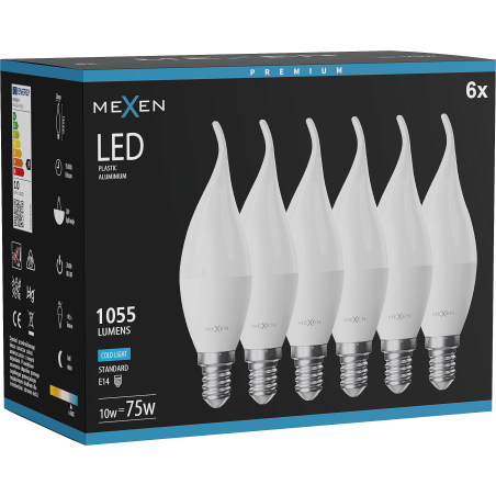 Mexen Nova 6x LED žiarovka plameň E14, C37, 10W, Studená - 6500K, 1055 lm - L106-E14-1065-01x06