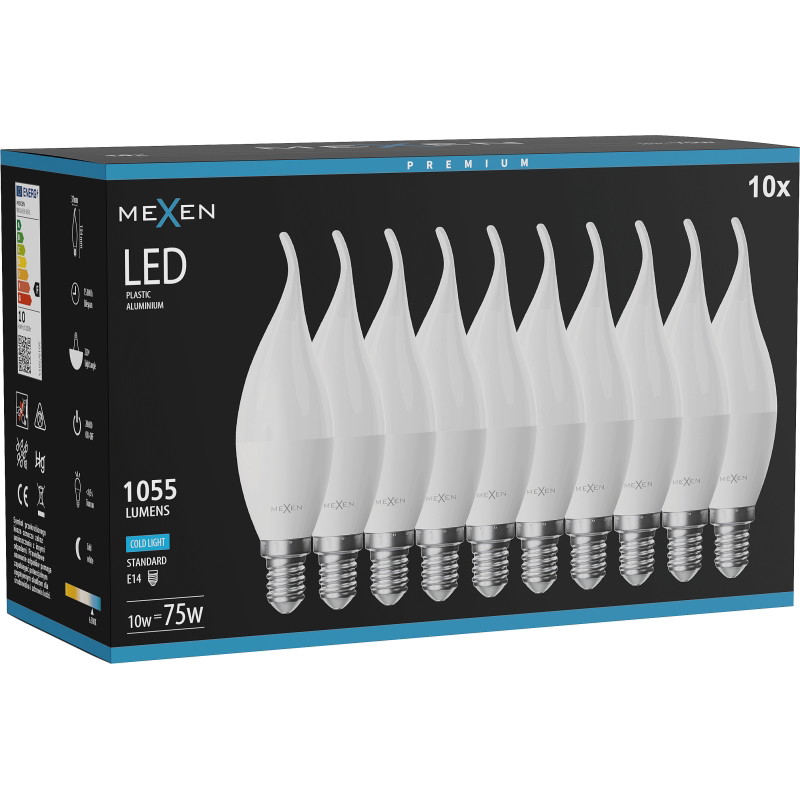 Mexen Nova 10x LED žiarovka plameň E14, C37, 10W, Studená - 6500K, 1055 lm - L106-E14-1065-01x10