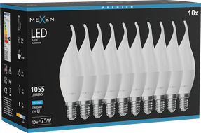 Mexen Nova 10x LED žiarovka plameň E14, C37, 10W, Studená - 6500K, 1055 lm - L106-E14-1065-01x10