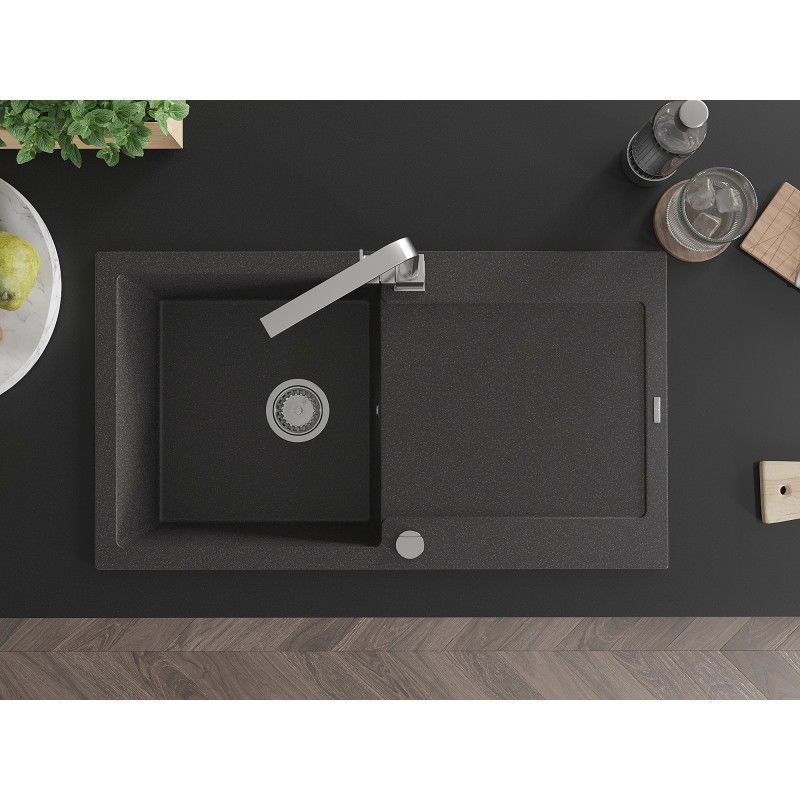 Mexen Leo žulový drez 1-komorový s odkvapkávačom a kuchynskou batériou Rita, čierny bodkovaný - 6501-76-670300-00