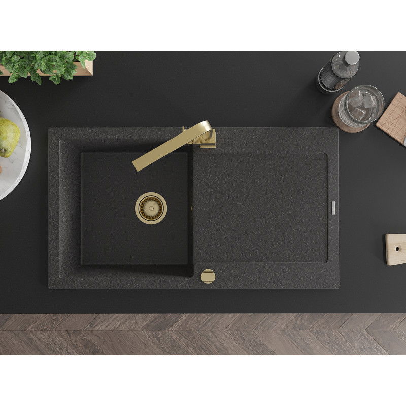 Mexen Leo žulový kuchynský drez s 1 komorou a odkvapkávačom s kuchynskou batériou Rita, čierny s potlačou - 6501-76-670300-50