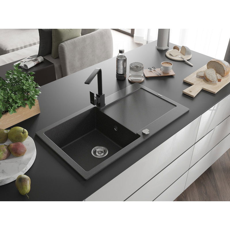 Mexen Leo granitový drez 1-komorový s odkvapkávačom a kuchynskou batériou Rita, čierny bodkovaný - 6501-76-670300-70