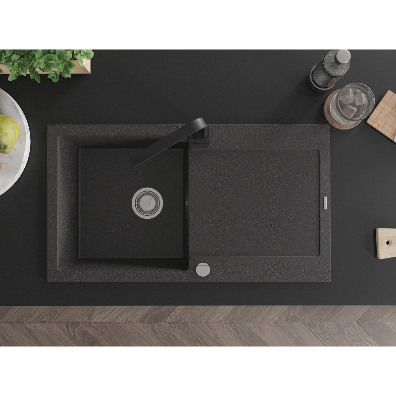 Mexen Leo granitový drez 1-komorový s odkvapkávačom a kuchynskou batériou Rita, čierny bodkovaný - 6501-76-670300-70