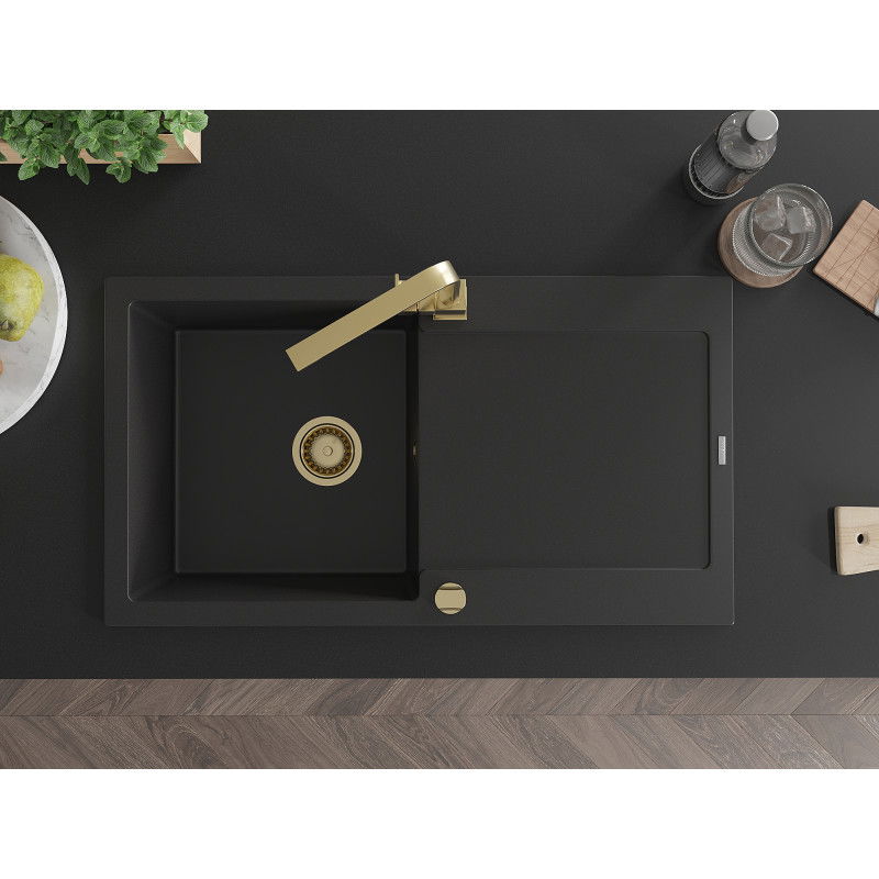 Mexen Leo žulový kuchynský drez s jednou komorou a odkvapkávačom a kuchynskou batériou Rita, čierny - 6501-77-670300-50