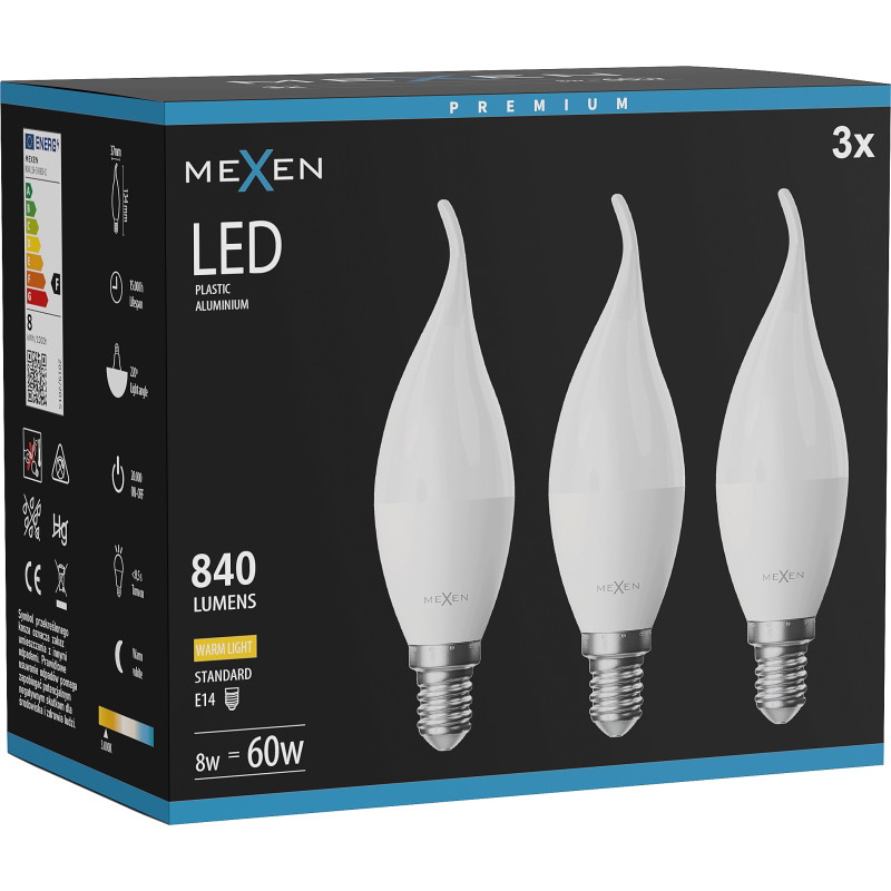 Mexen Nova 3x LED žiarovka plameň E14, C37, 8W, Teplá - 3000K, 840 lm - L106-E14-0830-01x03