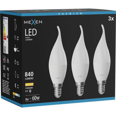 Mexen Nova 3x LED žiarovka plameň E14, C37, 8W, Teplá - 3000K, 840 lm - L106-E14-0830-01x03