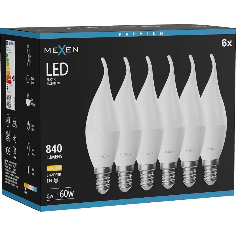 Mexen Nova 6x LED žiarovka plameň E14, C37, 8W, Teplá - 3000K, 840 lm - L106-E14-0830-01x06