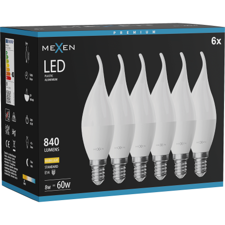 Mexen Nova 6x LED žiarovka plameň E14, C37, 8W, Teplá - 3000K, 840 lm - L106-E14-0830-01x06