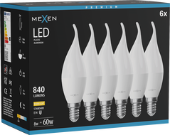 Mexen Nova 6x LED žiarovka plameň E14, C37, 8W, Teplá - 3000K, 840 lm - L106-E14-0830-01x06