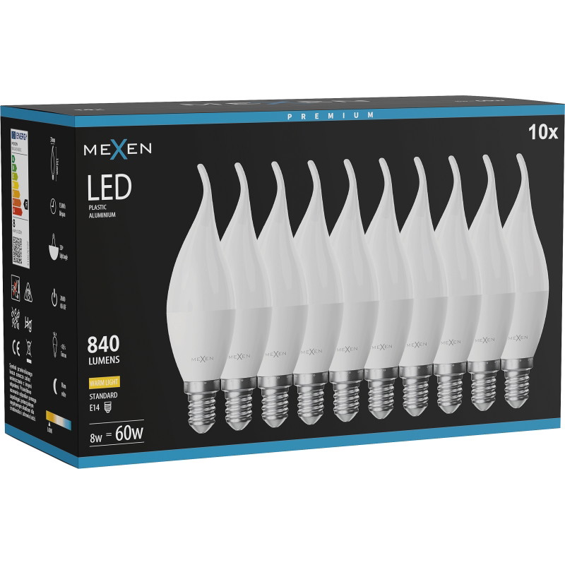 Mexen Nova 10x LED žiarovka plameň E14, C37, 8W, Teplá - 3000K, 840 lm - L106-E14-0830-01x10