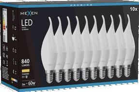 Mexen Nova 10x LED žiarovka plameň E14, C37, 8W, Teplá - 3000K, 840 lm - L106-E14-0830-01x10