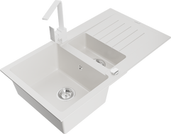 Mexen Matias žulový drez 1,5-komorový s odkvapkávačom a kuchynskou batériou Rita, biela - 6502-20-670300-20