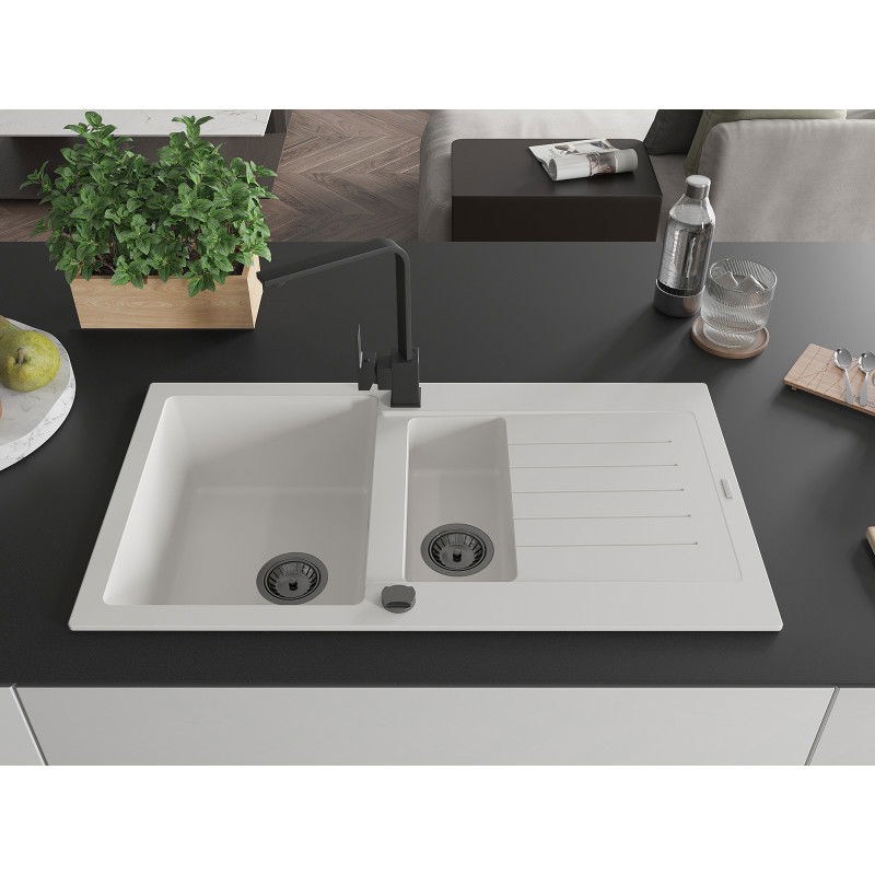 Mexen Matias granitový drez 1,5-komorový s odkvapkávačom a kuchynskou batériou Rita, biela - 6502-20-670300-70