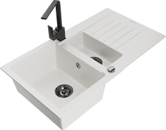 Mexen Matias granitový drez 1,5-komorový s odkvapkávačom a kuchynskou batériou Rita, biela - 6502-20-670300-70