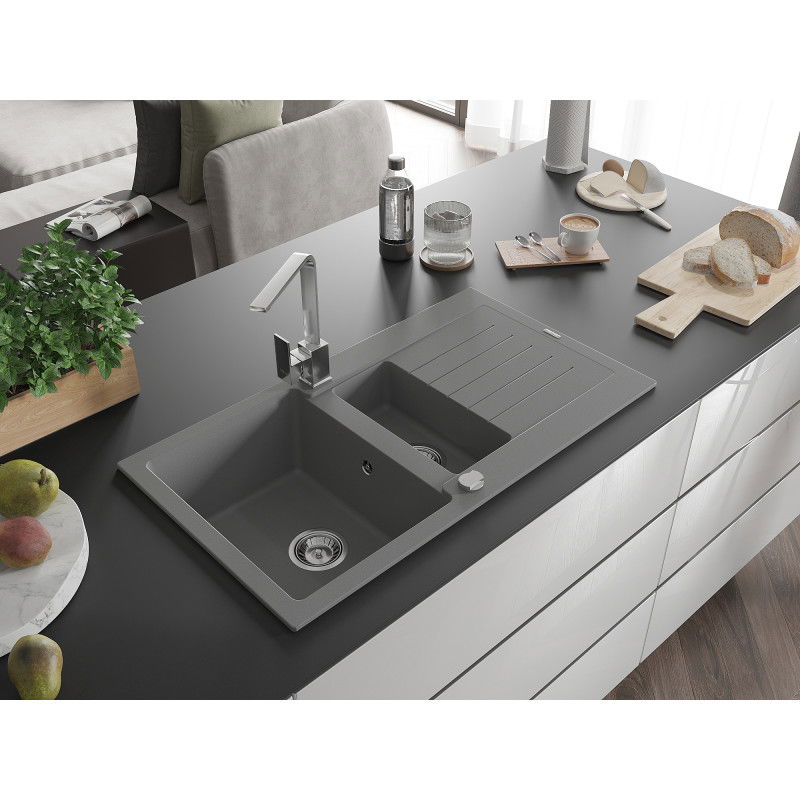 Mexen Matias granitový drez 1,5-komorový s odkvapkávačom a kuchynskou batériou Rita, sivý - 6502-71-670300-00