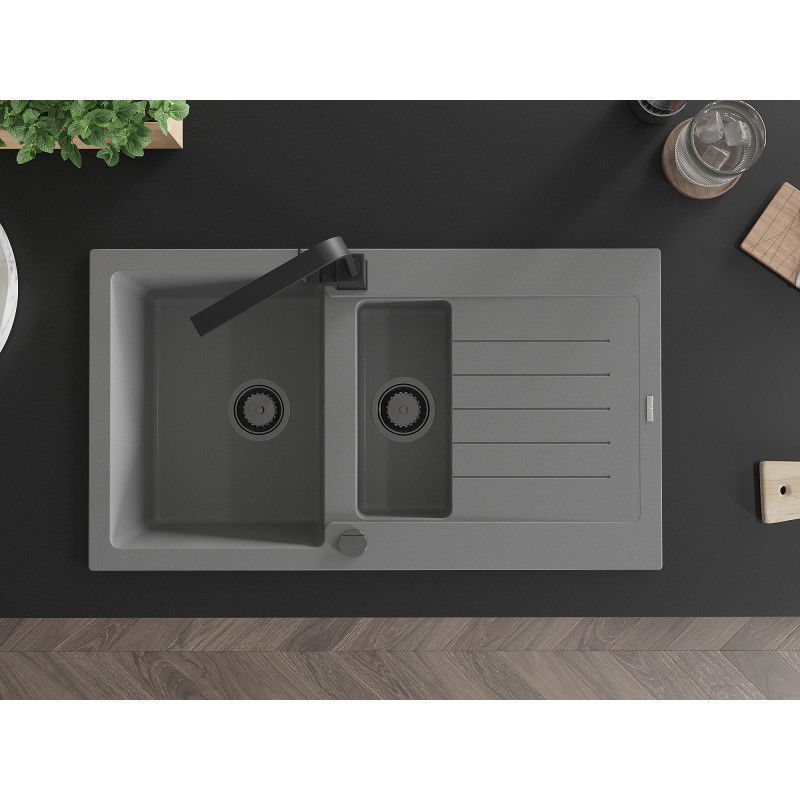 Mexen Matias granitový kuchynský drez 1,5-komorový s odkvapkávačom a kuchynskou batériou Rita, sivý - 6502-71-670300-70-B