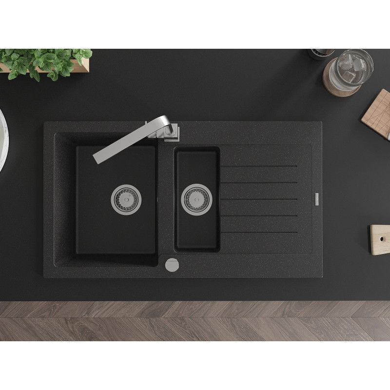 Mexen Matias granitový drez 1,5-komorový s odkvapkávačom a kuchynskou batériou Rita, čierny/strieborný metalik