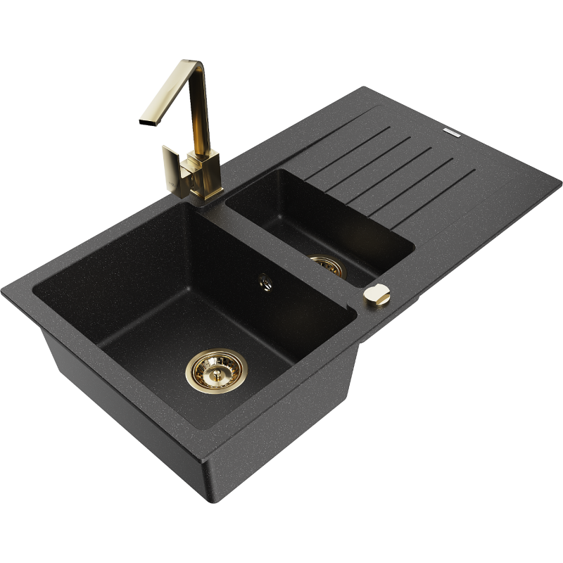 Mexen Matias granitový drez 1,5-komorový s odkvapkávačom a kuchynskou batériou Rita, čierny/strieborný metalický