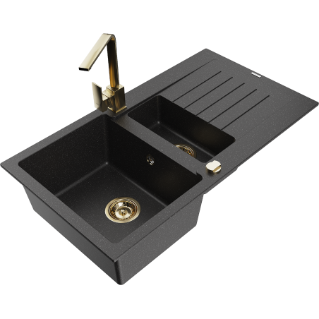 Mexen Matias granitový drez 1,5-komorový s odkvapkávačom a kuchynskou batériou Rita, čierny/strieborný metalický