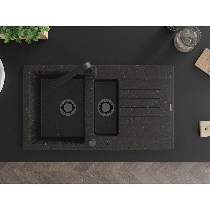 Mexen Matias granitový drez s 1,5 komorou a odkvapkávačom a kuchynskou batériou Rita, čierny/zlatý - 6502-75-670300-50-B