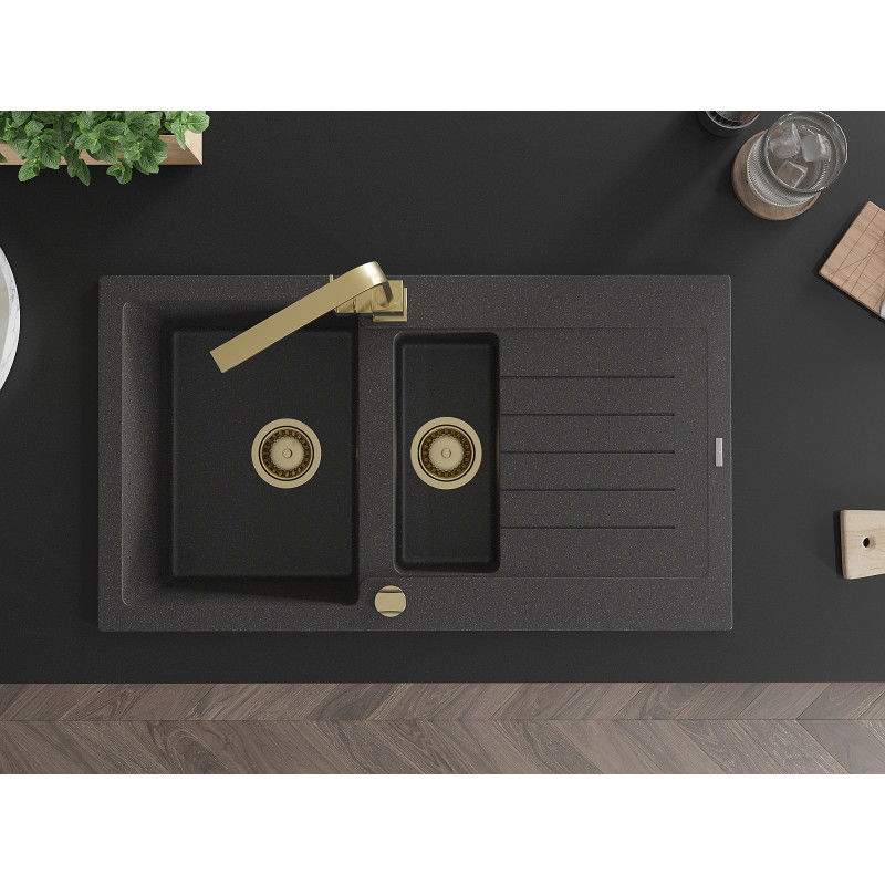 Mexen Matias granitový drez 1,5-komorový s odkvapkávačom a kuchynskou batériou Rita, čierny s bodkami - 6502-76-670300-50