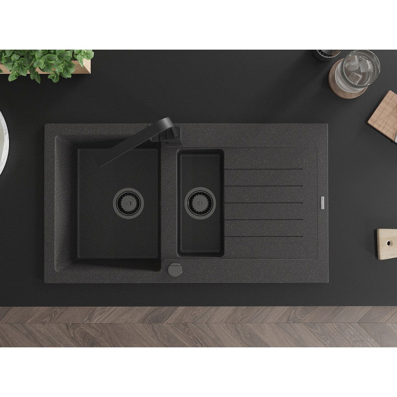 Mexen Matias žulový drez 1,5-komorový s odkvapkávacou plochou a kuchynskou batériou Rita, čierny škvrnitý
