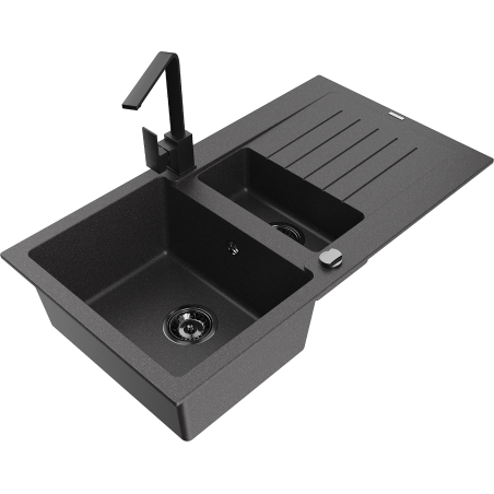 Mexen Matias žulový drez 1,5-komorový s odkvapkávacou plochou a kuchynskou batériou Rita, čierny škvrnitý