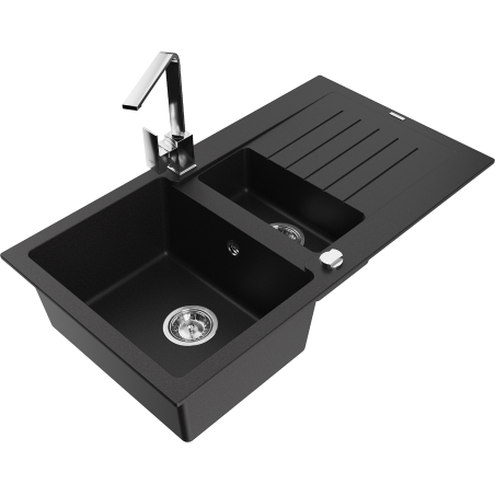 Mexen Matias žulový drez 1,5-komorový s odkvapkávačom a kuchynskou batériou Rita, čierny - 6502-77-670300-00