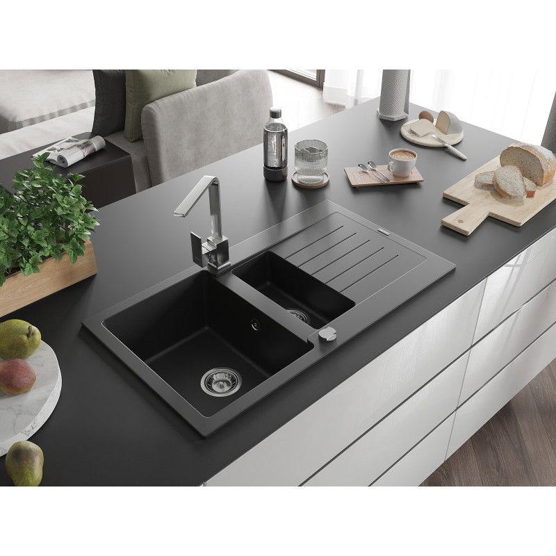 Mexen Matias žulový drez 1,5-komorový s odkvapkávačom a kuchynskou batériou Rita, čierny - 6502-77-670300-00