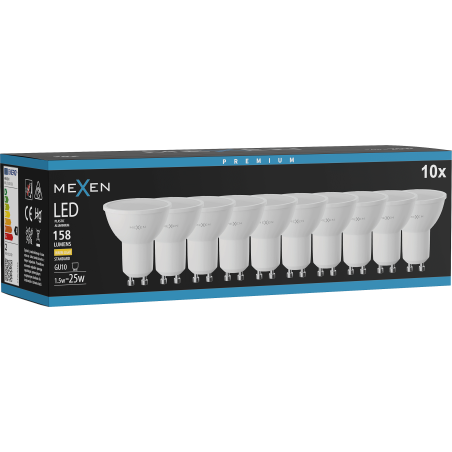 Mexen Nova 10x LED žiarovka GU10, 1,5W, Teplá - 3000K, 158 lm - L107-GU10-0130-01x10