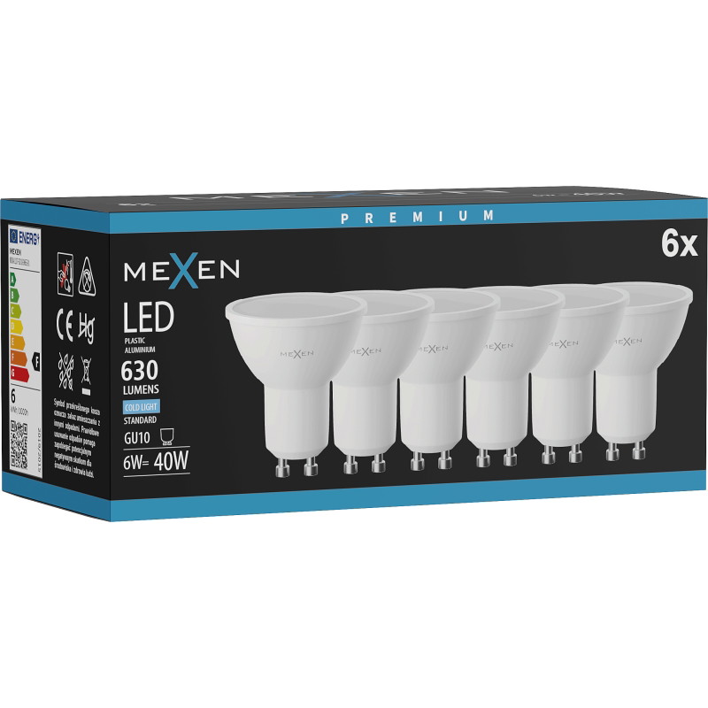 Mexen Nova 6x LED žiarovka GU10, 6W, Studená - 6500K, 630 lm - L107-GU10-0665-01x06