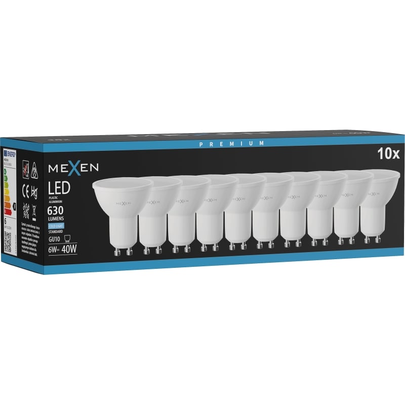 Mexen Nova 10x LED žiarovka GU10, 6W, Studená - 6500K, 630 lm - L107-GU10-0665-01x10