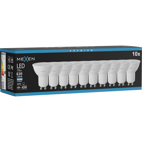 Mexen Nova 10x LED žiarovka GU10, 6W, Studená - 6500K, 630 lm - L107-GU10-0665-01x10