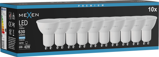 Mexen Nova 10x LED žiarovka GU10, 6W, Studená - 6500K, 630 lm - L107-GU10-0665-01x10