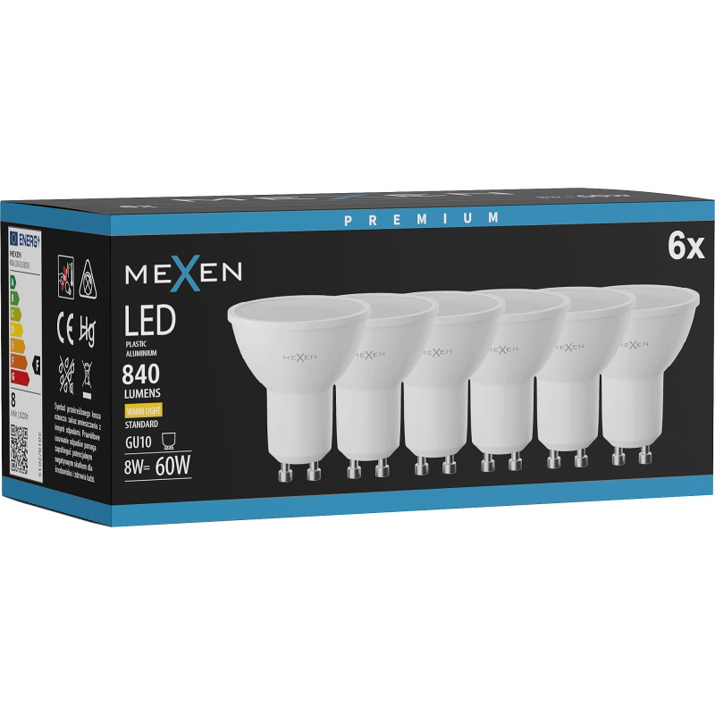 Mexen Nova 6x LED žiarovka GU10, 8W, Teplá - 3000K, 840 lm - L108-GU10-0830-01x06