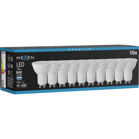 Mexen Nova 10x LED žiarovka GU10, 8W, Studená - 6500K, 840 lm - L108-GU10-0865-01x10
